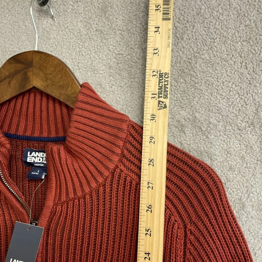 NEW Lands' End Drifter Men's L 1/4 Zip Ribbed Sweater Rust Red 100% Cotton